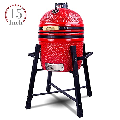 Ceramic Kamado Charcoal BBQ Grill and Smoker, 15 Inch with Tall Stand W2109
