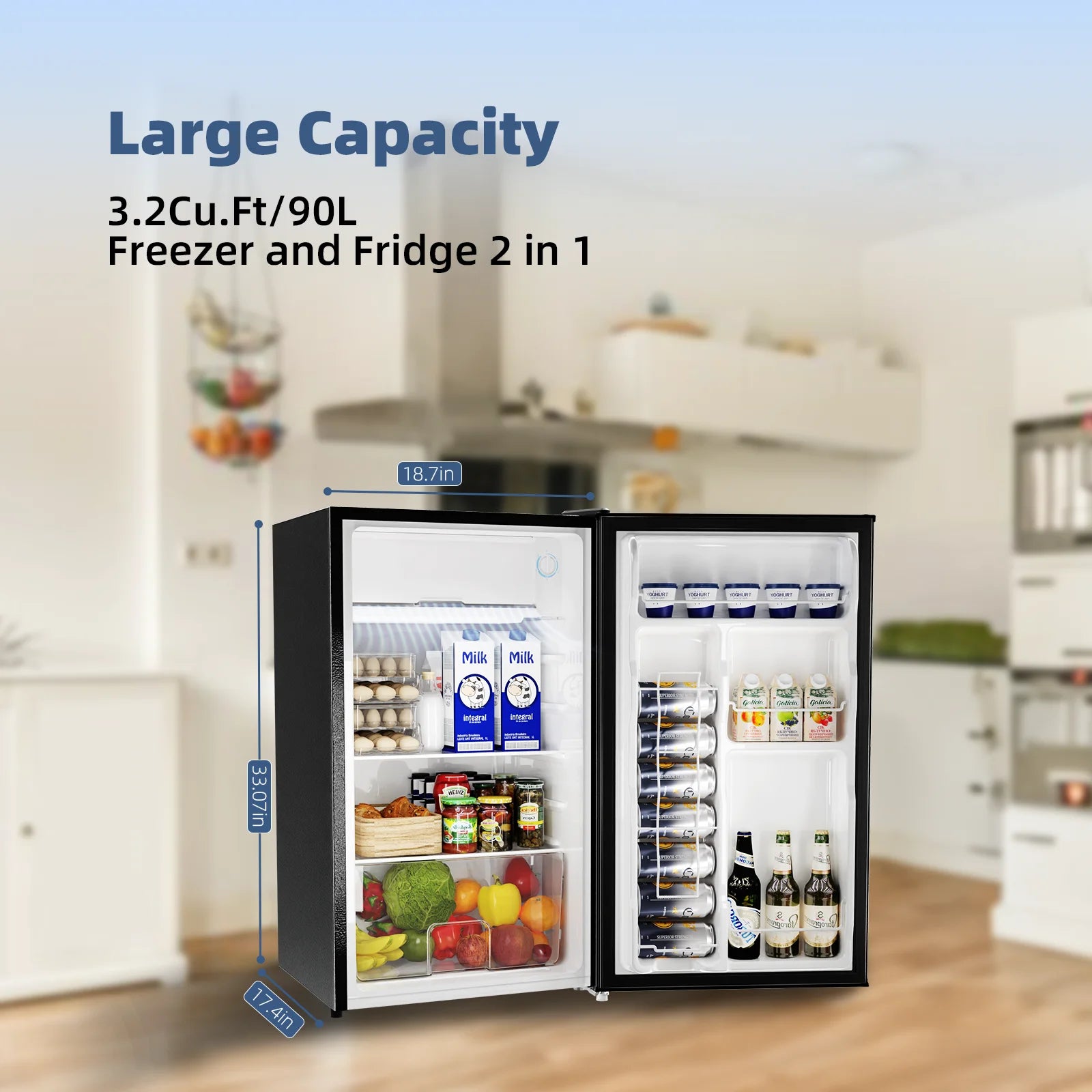 Mini Fridge 3.2 Cu Ft, Low Noise, Reversible Door for Bedroom Office Dorm, Black I104
