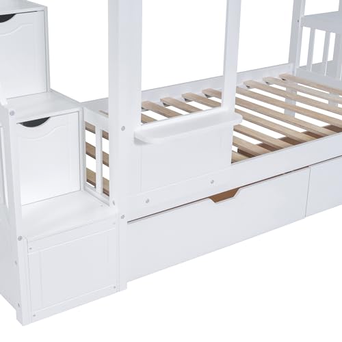 Twin Over Twin Bunk Bed with Stairs and Slide, Solid Wood Frame with Storage Y2445