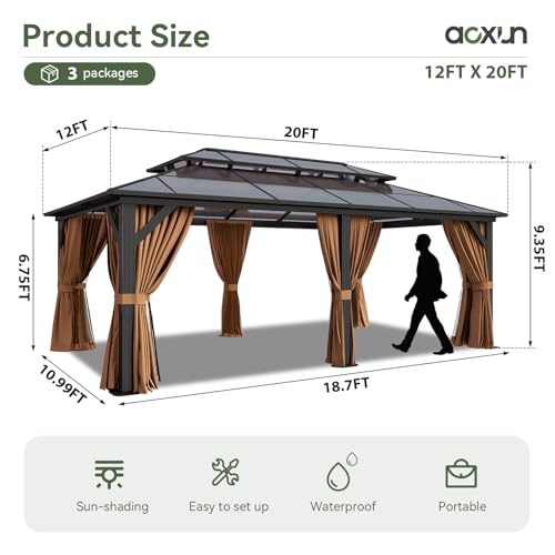 12x16 Hardtop Gazebo with Netting and Curtains, Aluminum Frame, Polycarbonate Roof N71921