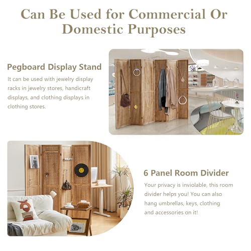 Wooden Pegboard Room Divider, 5.6Ft Folding Privacy Screen P5676
