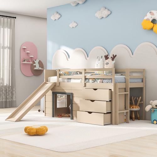 Twin Low Loft Bed with 3 Storage Drawers, Slide, Ladder & Guardrails B4129