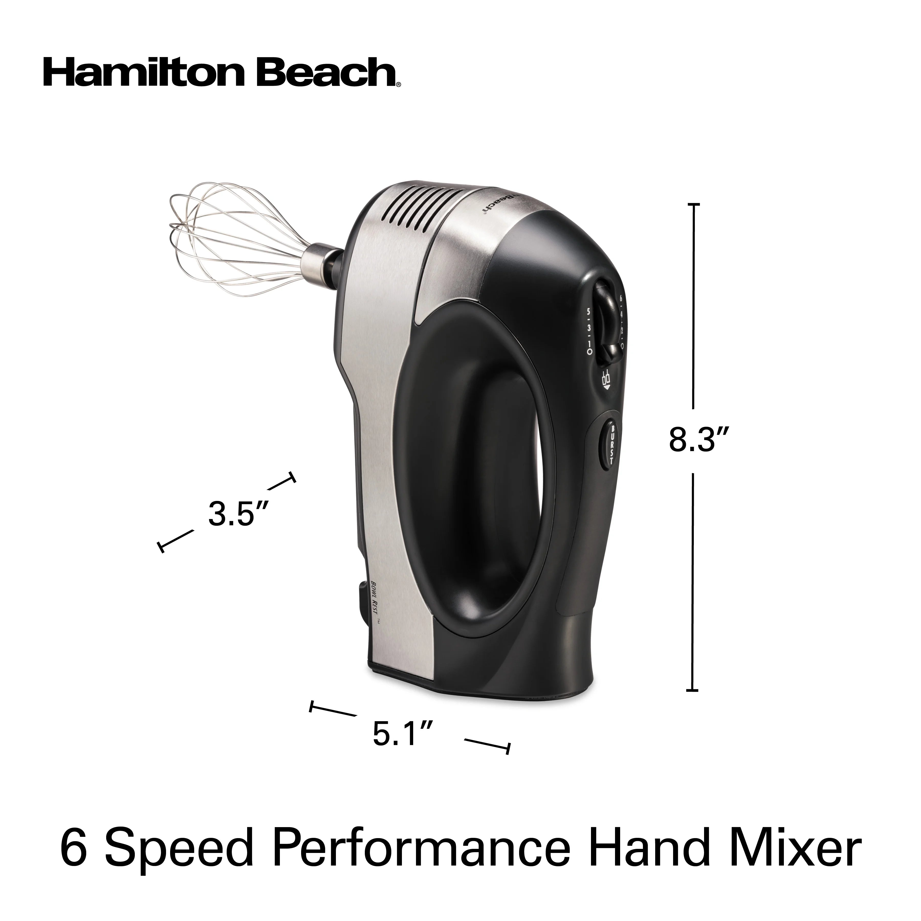 6 Speed Hand Mixer with Case and 5 Attachments, Stainless Steel T26539