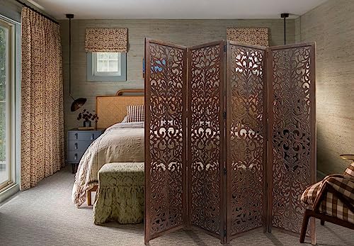 4 Panel Folding Wood Room Divider, Antique Brown, 72 x 80 L396608