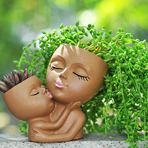 Head Planter Mother and Child Cute Face Planter Pots Head Resin Flower Pots for Indoor Plants with Drainage Hole (Black)
