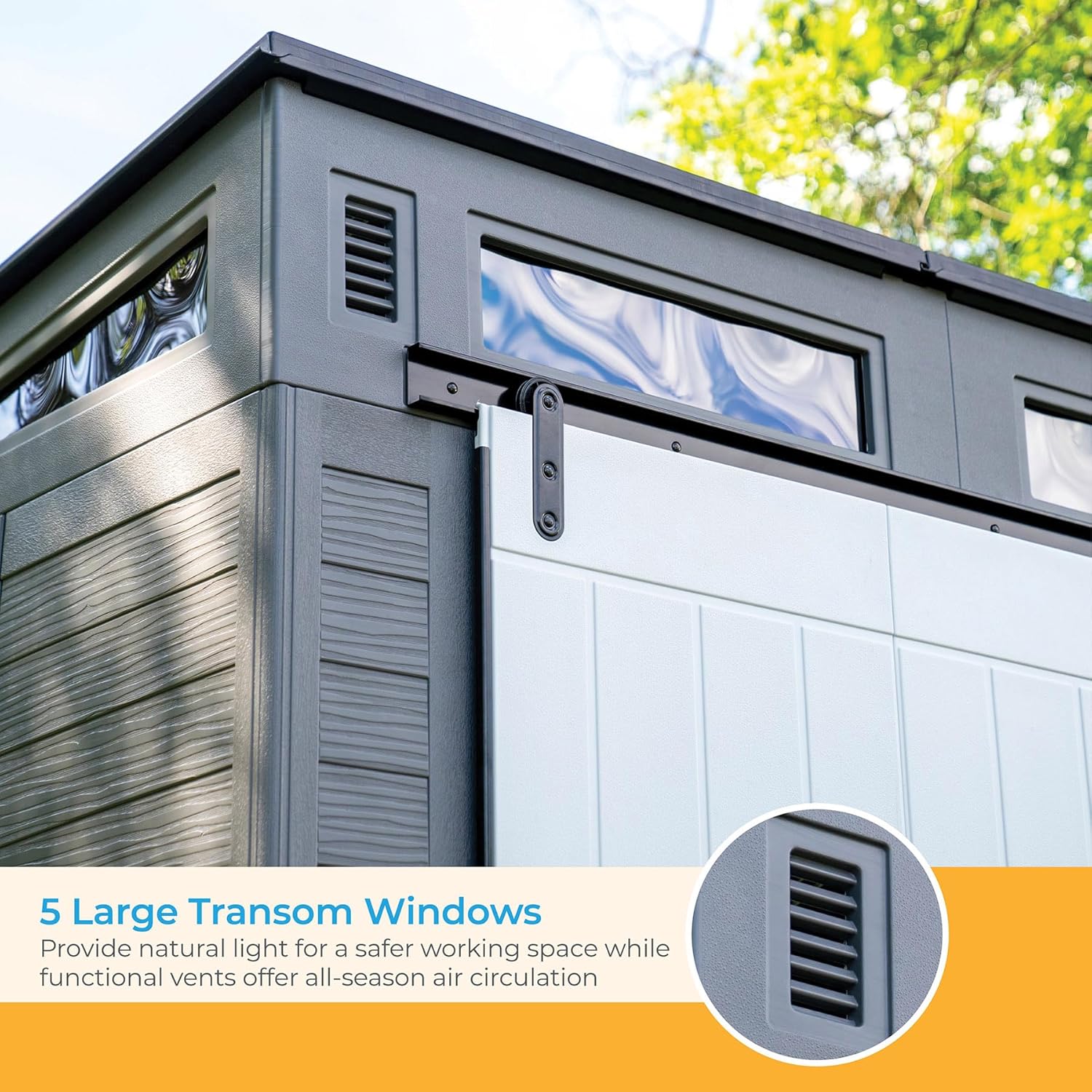 Outdoor Plastic Storage Shed 10x7 ft with Sliding Barn Door, Gray and Black G809