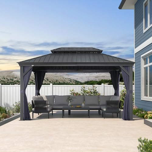 10' x 14' Permanent Hardtop Gazebo with Galvanized Steel Double Roof, Curtains and Netting Included M96664
