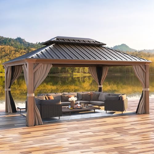 12x16 ft Hardtop Gazebo with Galvanized Steel Roof, Curtains and Netting V821