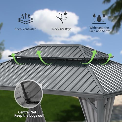 10 x 10 ft Hardtop Gazebo with Netting and Curtains, Galvanized Steel Roof for Patio and Garden X50618