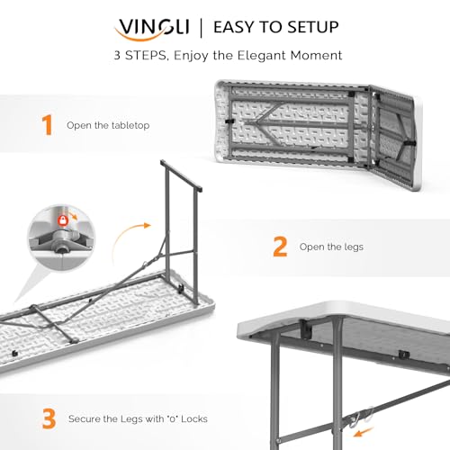 6 FT Narrow Folding Table, HDPE Tabletop with Metal Frame, White K503