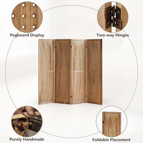 Wooden Pegboard Room Divider, 5.6Ft Folding Privacy Screen P5676