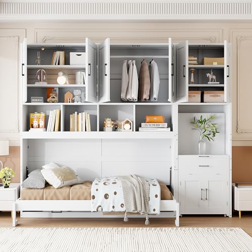 Twin Murphy Bed with Wall Frame, Closet, Drawers and Desk, White D510253