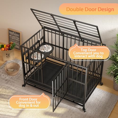 48" Heavy-Duty Dog Crate with Wheels and Dual Adjustable Bowls F169
