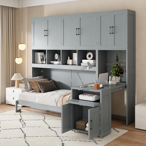 Twin Murphy Bed with Wall Frame, Closet, Drawers and Desk, White D510253