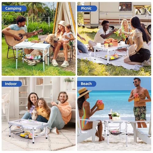 Adjustable Height Folding Camping Table with Mesh Layer Y4319