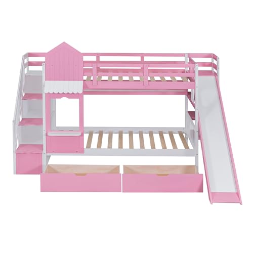 Kids Bunk Bed with Stairs and Slide, Twin Over Twin, Gray E77813