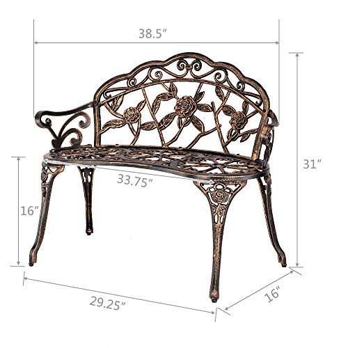 Outdoor Metal Rose Bench for Patio Garden, Cast Iron Frame, 2-Person Seat X288723