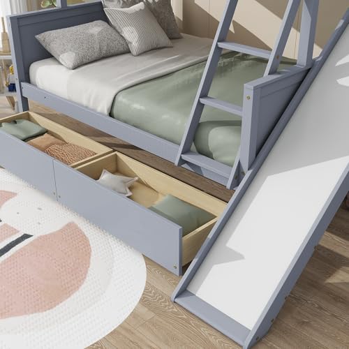 Twin Over Full Bunk Bed with Slide and Storage Stairs C57577