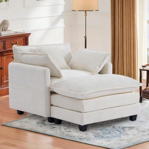 SweetGO corporation 40" Chenille Lounge Chair for Reading, Modern Couch Cozy Sofa Bed, Upholstered Living Room Single Sofa Accent Chair with Ottoman (Beige, 1-Seat)