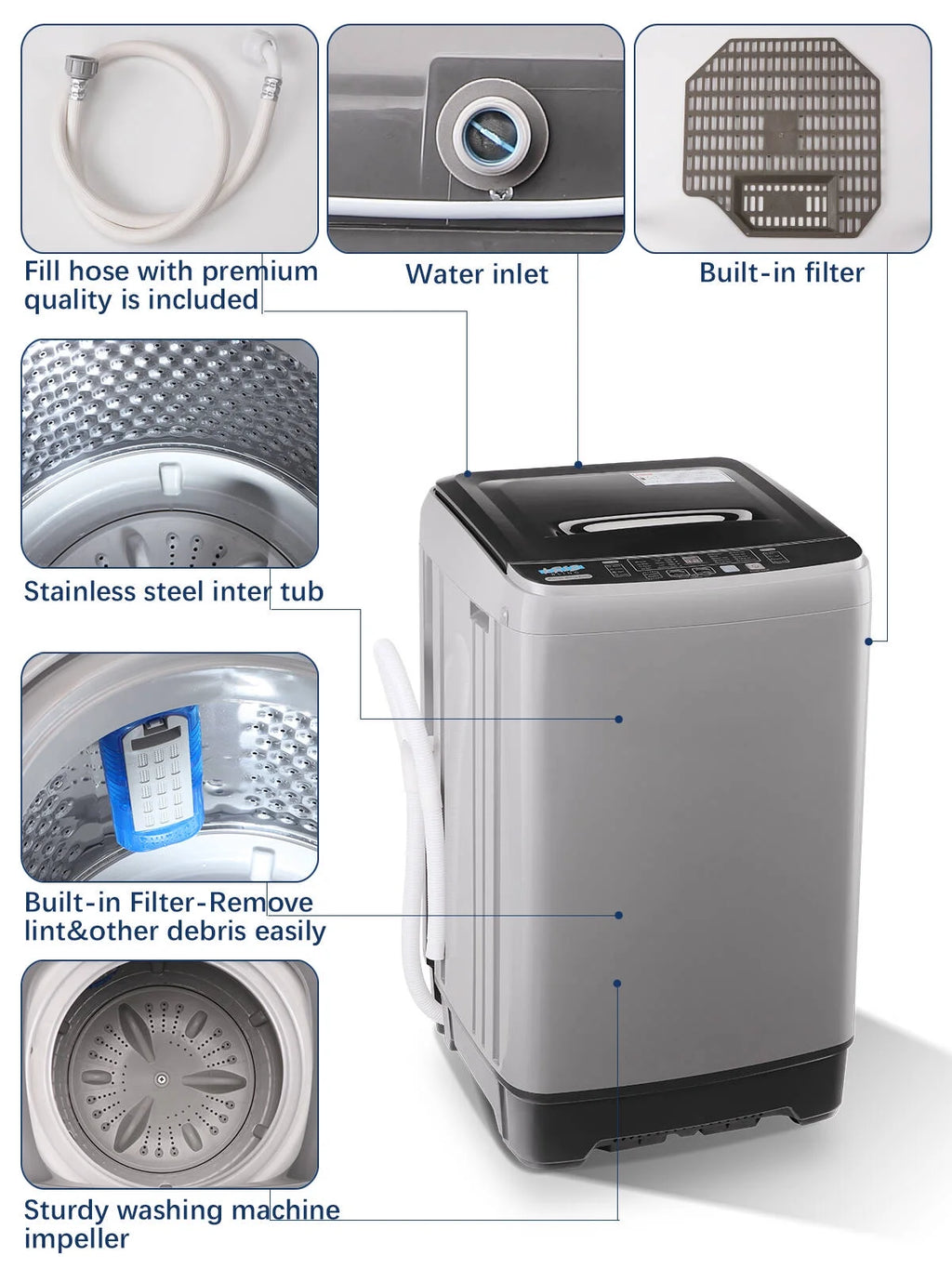 Portable Automatic Washing Machine with Drain Pipe, 17.7 lbs, 10 Programs, Grey S7592