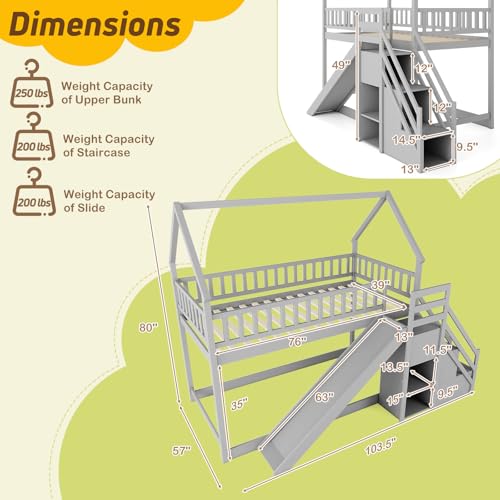 Twin Over Twin Bunk Bed with Slide and Stairs, Wood, White F9999