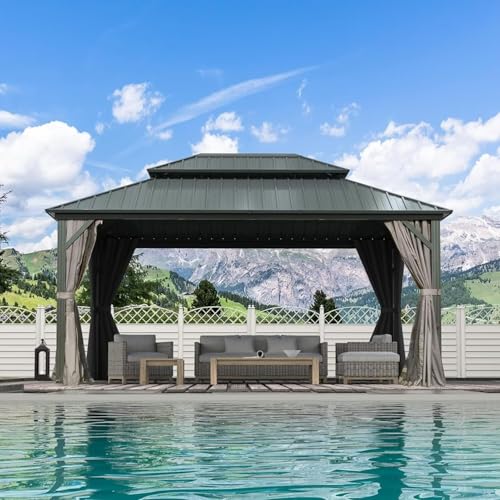 10 x 10 ft Hardtop Gazebo with Netting and Curtains, Galvanized Steel Roof for Patio and Garden X50618