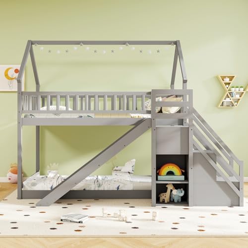 Twin Over Twin Bunk Bed with Slide and Stairs, Wood, White F9999
