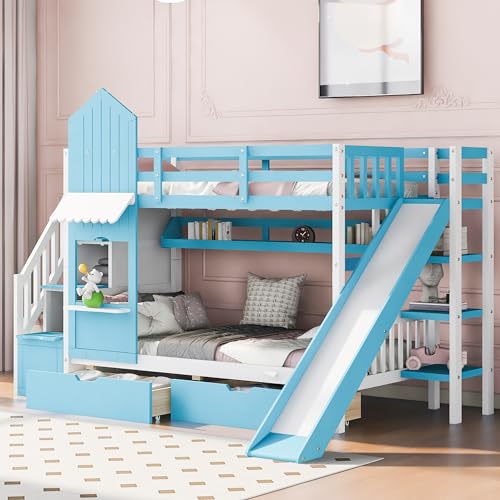 Kids Bunk Bed with Stairs and Slide, Twin Over Twin, Gray E77813