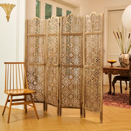 Wood Carved Room Divider 4 Panel Folding Screen Z937290