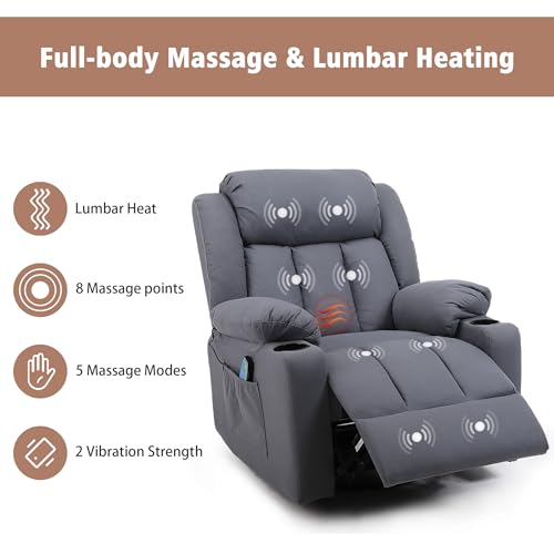 Swivel Recliner Chair for Adults with Massage and Heat, Fabric, Lime Gray B7507