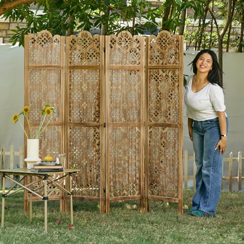 Wood Carved Room Divider 4 Panel Folding Screen Z937290