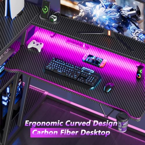 L Shaped Gaming Desk with Power Outlet and LED Lights T64283