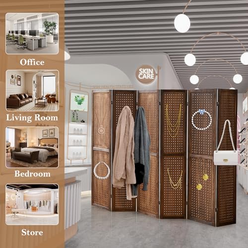 Wooden Pegboard Room Divider, 5.6Ft Folding Privacy Screen P5676