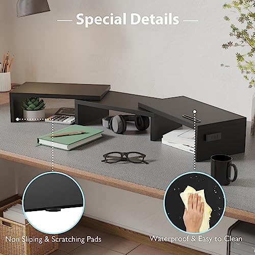 Dual Monitor Stand Riser with Smartphone Holder, Adjustable Wooden Desktop Organizer P70793