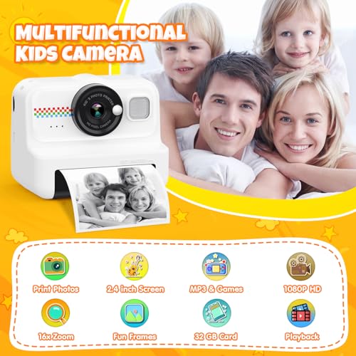 Kids Instant Print Camera 1080P HD with 3 Rolls Paper & 32GB Card V473