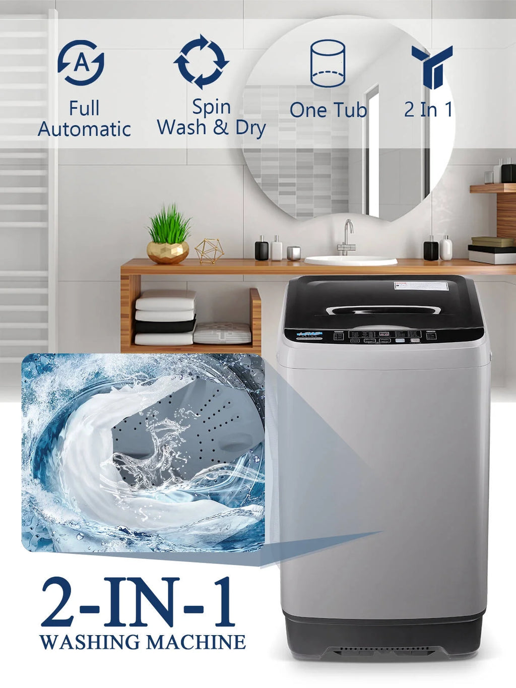 Portable Automatic Washing Machine with Drain Pipe, 17.7 lbs, 10 Programs, Grey S7592