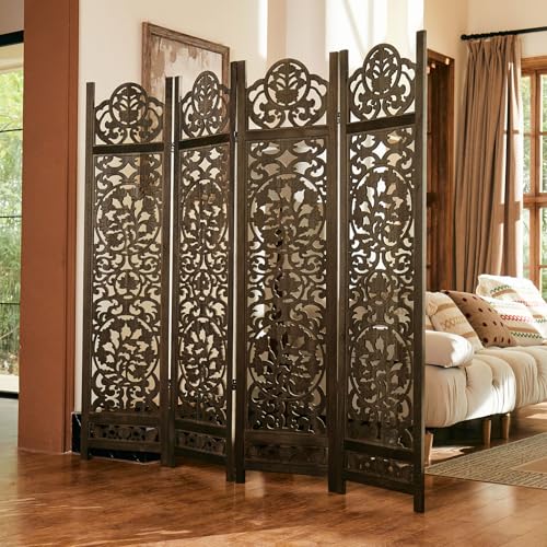 Wood Carved Room Divider 4 Panel Folding Screen Z937290
