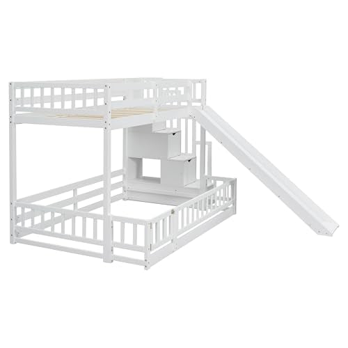 Twin Over Full Bunk Bed with Slide and Storage Stairs F8078