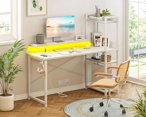 Reversible Gaming Desk with USB Charging Port and LED Lights, 40 Inch Computer Desk with Storage Shelves C134
