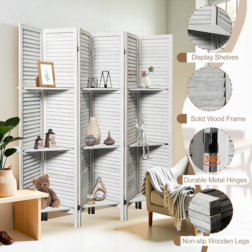 6 Panel Wooden Room Divider with Shelves B102027