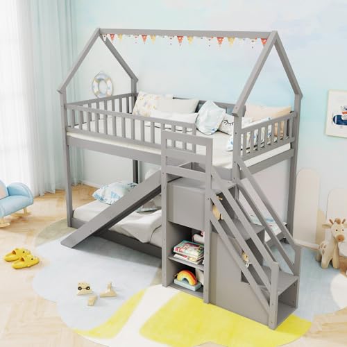 Twin Over Twin Bunk Bed with Slide and Stairs, Wood, White F9999