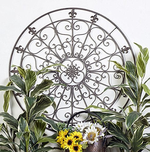 Metal Fleur De Lis Circle Wall Sculpture with Scrollwork, Black S3104