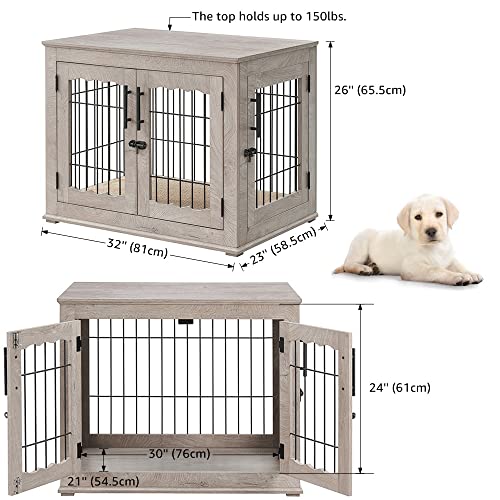 Wooden Dog Crate End Table with Double Doors and Pet Bed T245171
