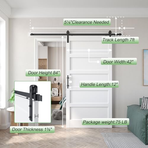 White Barn Door with Sliding Hardware Kit, 7FT, 5-Panel K864232