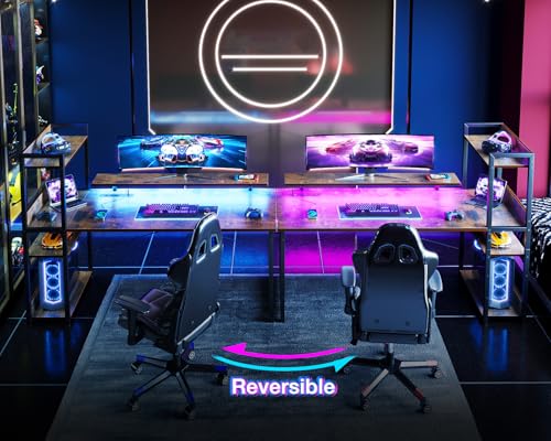 Reversible Gaming Desk with USB Charging Port and LED Lights, 40 Inch Computer Desk with Storage Shelves C134