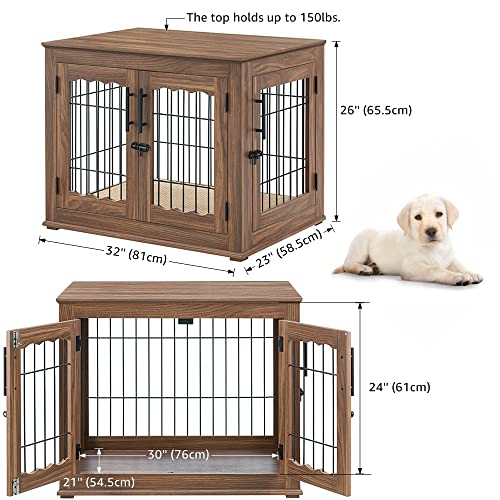 Wooden Dog Crate End Table with Double Doors and Pet Bed T245171
