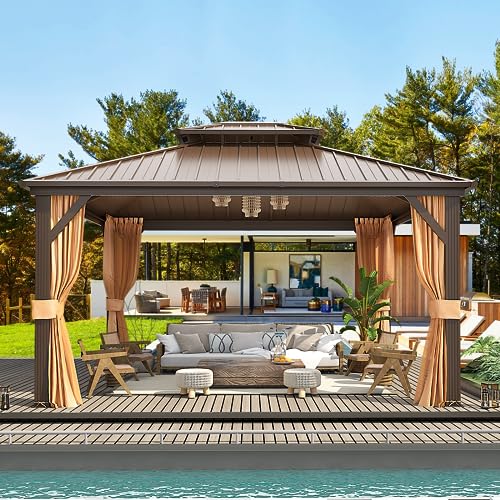 10'x13' Hardtop Gazebo with Polycarbonate Double Roof, Aluminum Frame, Curtains and Netting N263