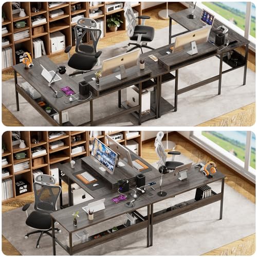 Reversible L Shaped Desk with Power Outlets and LED Light, Corner Computer Desk with Monitor Stand and Storage Shelves, Black D613