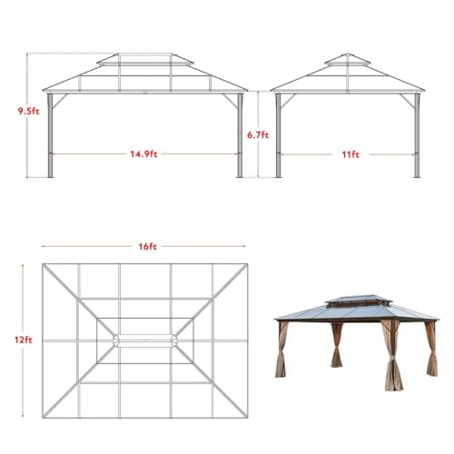 10'x13' Hardtop Gazebo with Polycarbonate Double Roof, Aluminum Frame, Curtains and Netting N263