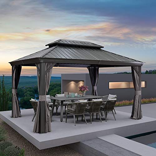 10' x 14' Permanent Hardtop Gazebo with Galvanized Steel Double Roof, Curtains and Netting Included M96664